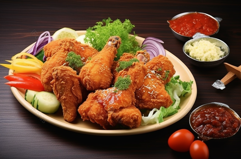 油炸食品煎炸风味香辣炸鸡鸡快即食食品蔬果摆盘摄影图,高清,摄影图,摄影图片,图片大全,摄影图免费下载